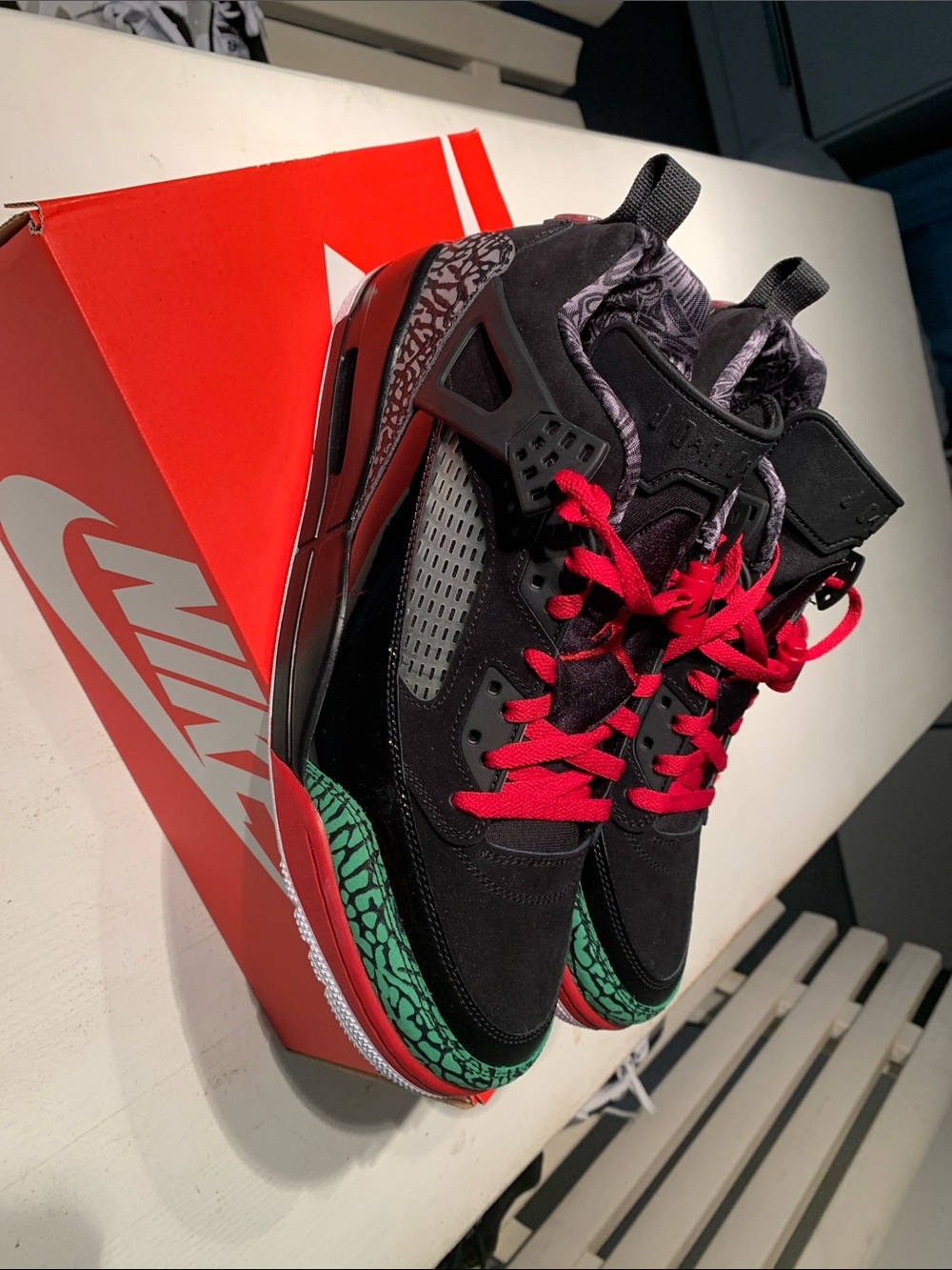 Jordan Spizike Black Varsity Red Nike Black Sneakers with Red Laces and Green
